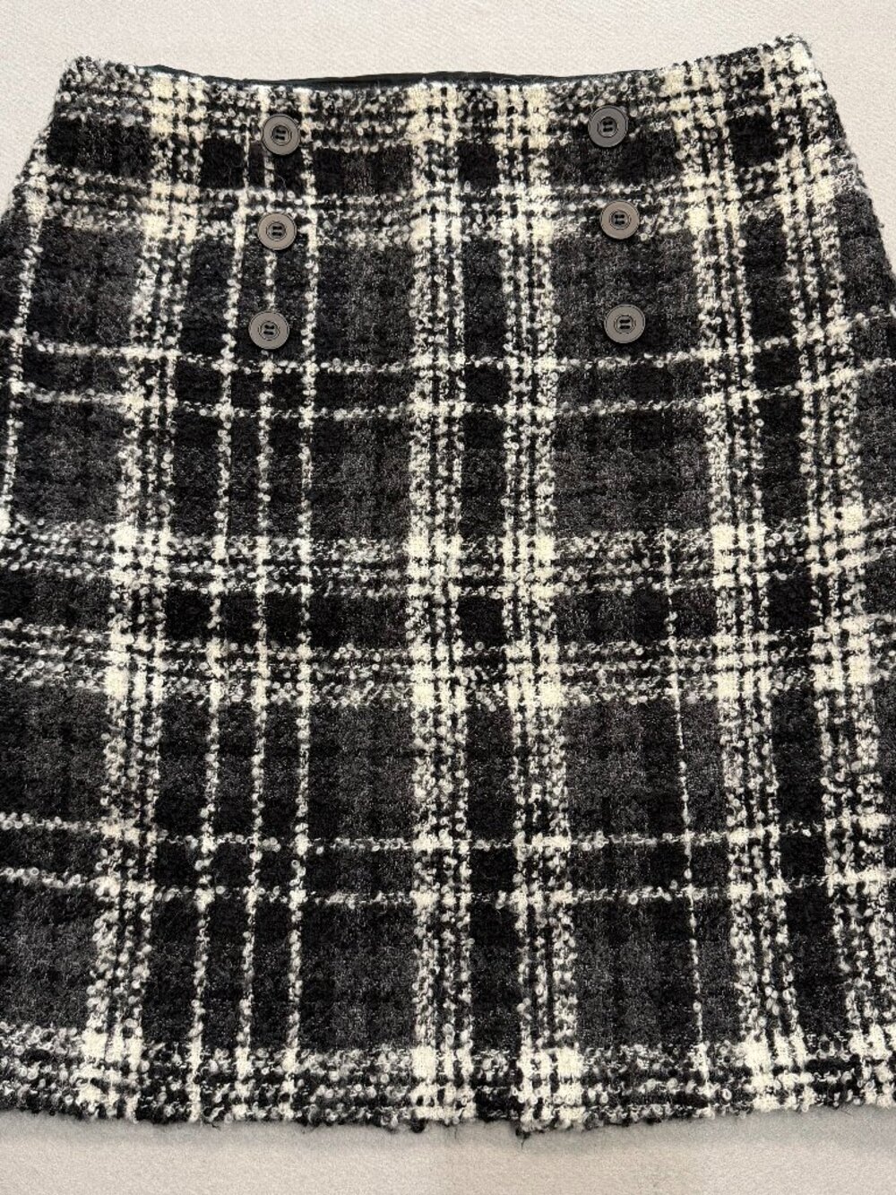 Halogen Size 12 Wool Blend Bouclé Plaid Pencil Skirt Black White